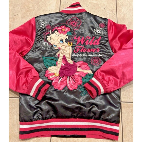 Betty Boop Jacket Womens Small Black Pink Satin Bomber RR Designs Wild Flower - Picture 2 of 8